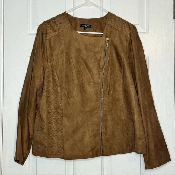 Notations Brown Faux Suede Leather Asymmetrical Zip Jacket petite XL nwt - Picture 2 of 8